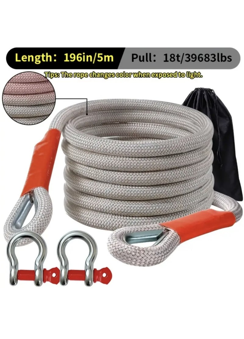 حبل سحب ثقيل بوزن 18 طن و5 أمتار - حبل سحب طارئ للسيارات وسيارات الدفع الرباعي والشاحنات مع خطاف أمان وشريط عاكس - Image 1